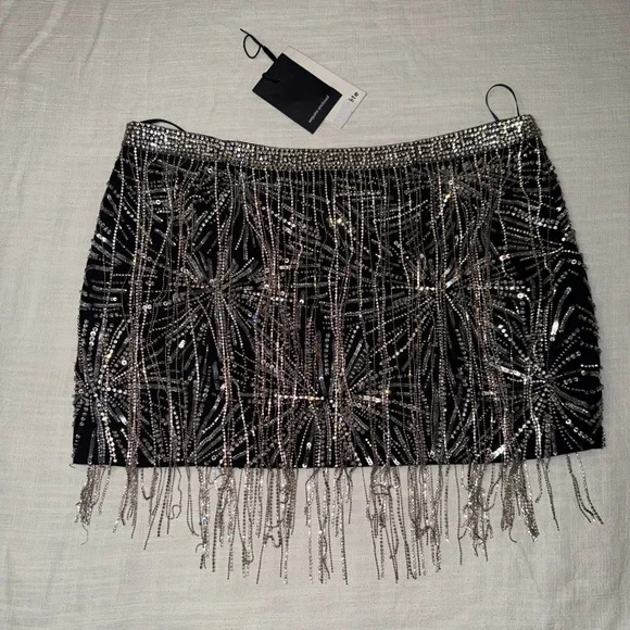 Retrofete Beatrix Fringe Embellished Silver Black Sequin Sparkly Mini Skirt - Picture 9 of 14